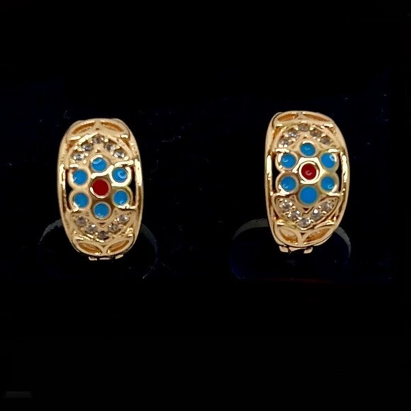 Gold Hoop Earrings with Blue & Red Enamel Elegant Filigree Vintage Design - Picture 2 of 5